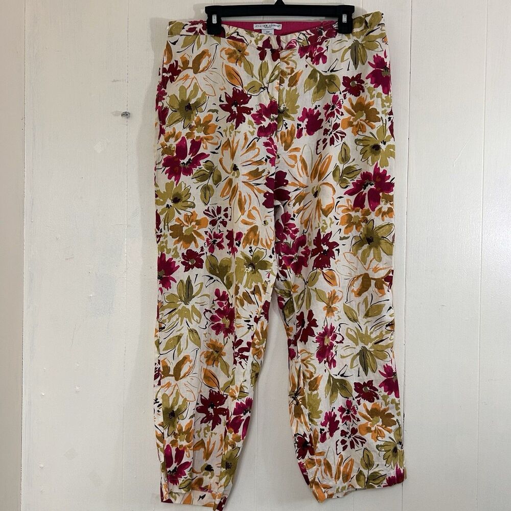 Jillian Jones Womens Pants Size 16W Floral 100%Linen Straight Crop Leg High Rise